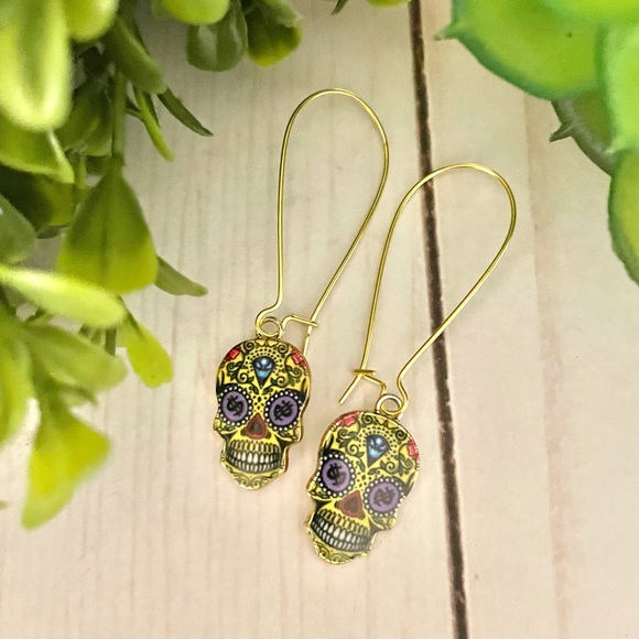 Dia De Los Muertos Sugar Skull Dangle Earrings - Picture 2 of 7